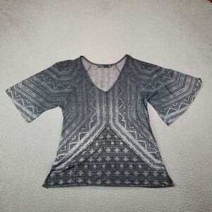 Prana Shirt Womens Small Gray Vneck Flared Sleeve Tribal Print Bohemian Boho